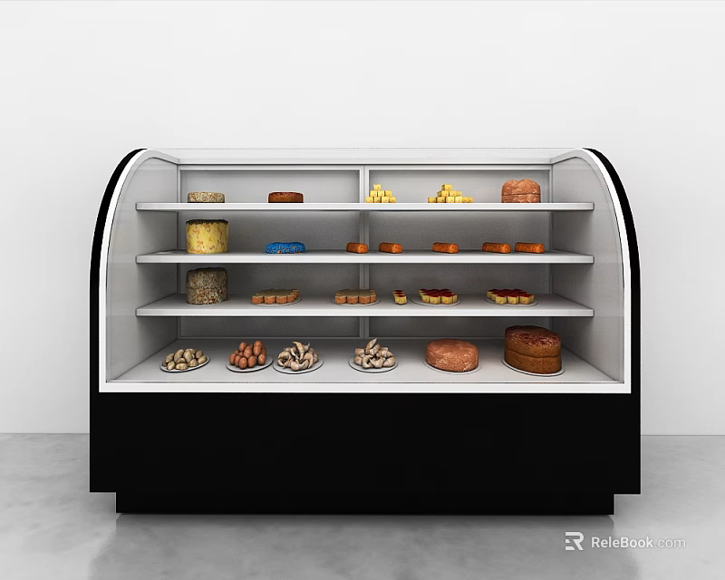 Commercial Freezer Display Case with Multiple Shelves Holding Various Pastries Cakes and Breads 3d model 