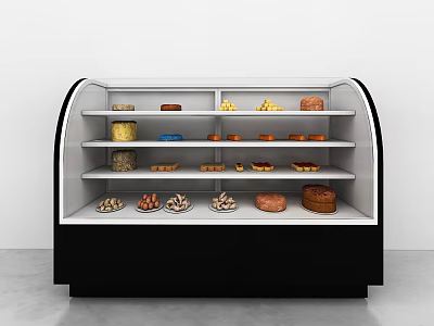 Commercial Freezer Display Case with Multiple Shelves Holding Various Pastries Cakes and Breads 3d model