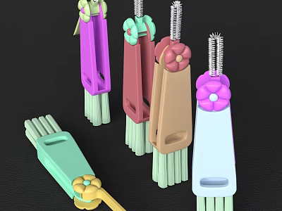 Colorful Bristle Brushes With Flower Decorations On Various Colored Handles 3d model