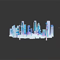 Cartoon Style 3D City Scene with Blue White Building Models and Reflections