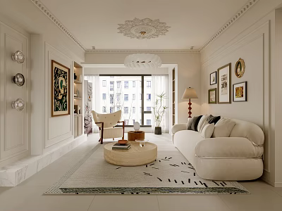 Minimalist Living Dining Room Interior With Beige Sofa Round Coffee Table Chandelier And Wall Art 3d model