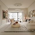 Minimalist Living Dining Room Interior With Beige Sofa Round Coffee Table Chandelier And Wall Art