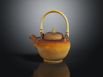 Traditional Handcrafted Ceramic Teapot with Bamboo Handle and Natural Amber Glaze Finish 3d model