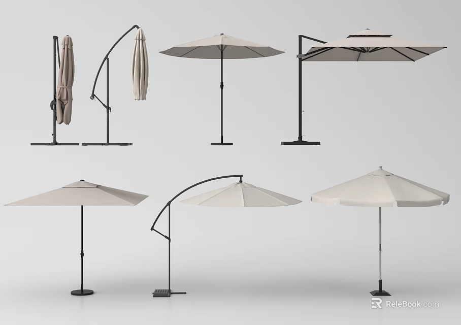 Various Styles Beige Patio Sunshades With Metal Stands For Outdoor Garden Use 3d model 