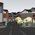Modern Commercial Street With Buildings Greenery Shop Fronts And Pedestrian Areas