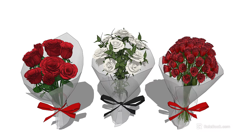 Red and White Rose Bouquets Wrapped in Paper with Red and Black Ribbons 3d model 