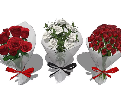 Red and White Rose Bouquets Wrapped in Paper with Red and Black Ribbons 3d model