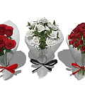Red and White Rose Bouquets Wrapped in Paper with Red and Black Ribbons