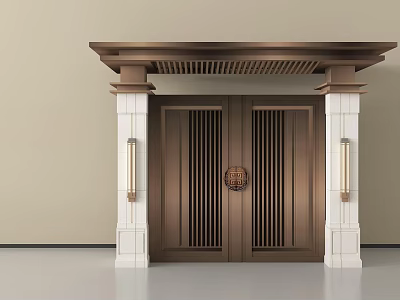 Chinese Style Double Doors With Dark Brown Finish White Pillars And Wall Lamps 3d model
