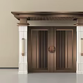 Chinese Style Double Doors With Dark Brown Finish White Pillars And Wall Lamps