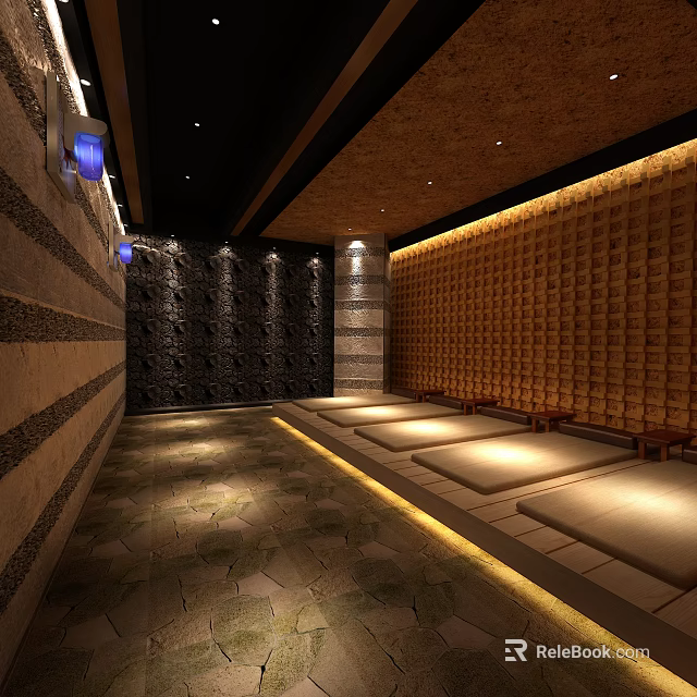 Luxurious Bath Center Interior Design With Stone Walls And Warm Lighting Benches 3d model 