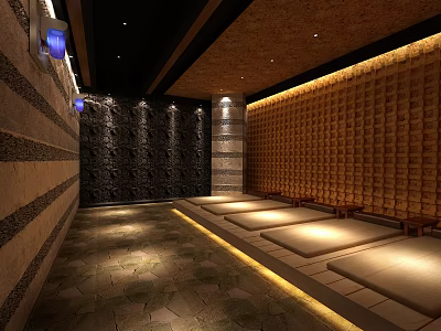 Luxurious Bath Center Interior Design With Stone Walls And Warm Lighting Benches 3d model