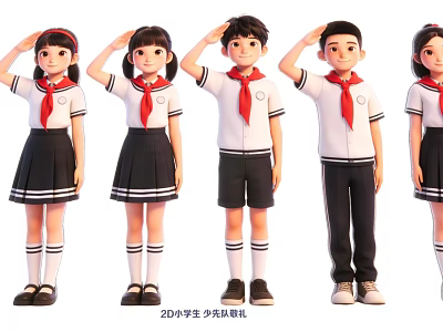 2D Elementary School Students in Uniforms Performing Young Pioneers Salute Together 3d model