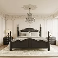 Classic Bedroom Interior With Black Four Poster Bed Crystal Chandelier Decorative Paneling And Window Greenery