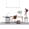 Modern Office Desk With Wooden Top Desk Lamp Laptop Green Plant Sculpture And Gray Rug