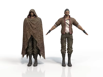 Two Men In Different Outfits Hooded Cloak And Leather Jacket 3d model