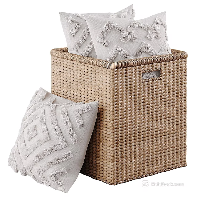 Elegant Display Shelf With Wicker Storage Basket And Patterned Decorative Pillows 3d model 