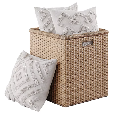 Elegant Display Shelf With Wicker Storage Basket And Patterned Decorative Pillows 3d model