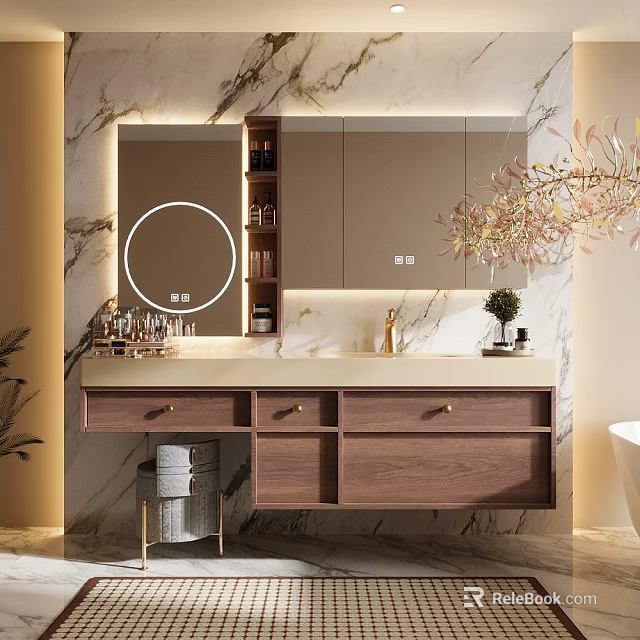 Elegant Bathroom Vanity Cabinet With Marble Backdrop Mirror Sink And Drawers 3d model 