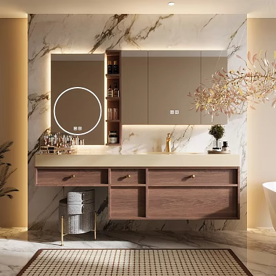 Elegant Bathroom Vanity Cabinet With Marble Backdrop Mirror Sink And Drawers 3d model