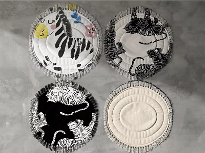Four Round Rugs With Unique Patterns On Gray Wall 3d model