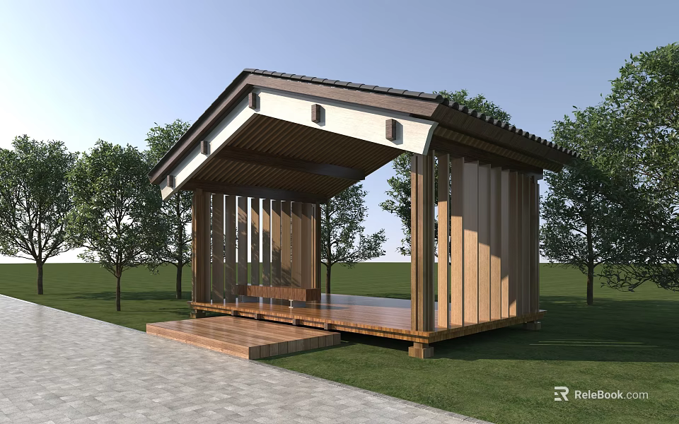 Wooden Garden Pavilion Sloped Roof Vertical Panels Near Trees on Lawn and Stone Path 3d model 