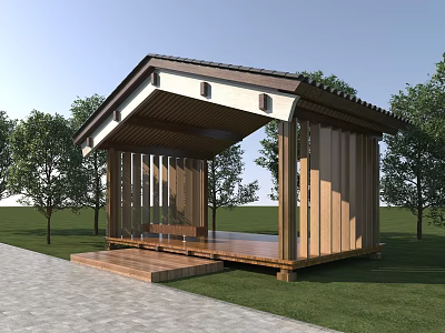 Wooden Garden Pavilion Sloped Roof Vertical Panels Near Trees on Lawn and Stone Path 3d model