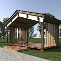 Wooden Garden Pavilion Sloped Roof Vertical Panels Near Trees on Lawn and Stone Path