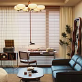 Living Room Interior With Black Leather Sofa Wavy Mirror Blinds Coffee Table And Potted Plant