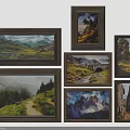 Six Dark Brown Decorative Frames Featuring Landscape Paintings With Natural Scenery Mountains Forests And Bridges