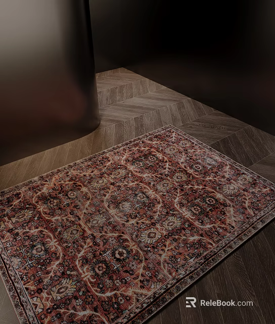 Decorative Square Rug With Intricate Red Brown Patterns On Herringbone Wooden Floor 3d model 