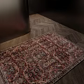 Decorative Square Rug With Intricate Red Brown Patterns On Herringbone Wooden Floor