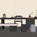 Modern Black Frame Tea Table And Chairs With Wooden Top Stools And Green Plant