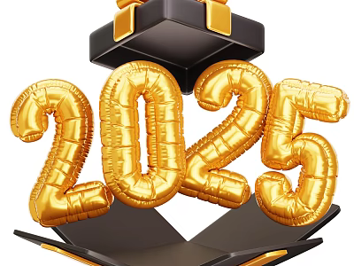 Luxury Decorative Ornament Set with Gold 2025 Balloons and Open Black Gift Box 3d model