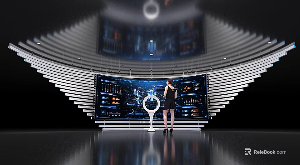 Hi tech Exhibition Hall With Large Digital Display Screen Woman Standing On Reflective Floor 3d model 