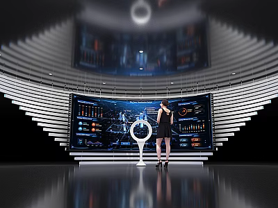 Hi tech Exhibition Hall With Large Digital Display Screen Woman Standing On Reflective Floor 3d model