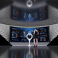 Hi tech Exhibition Hall With Large Digital Display Screen Woman Standing On Reflective Floor