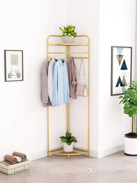 Modern Golden Clothes Rack With Hanging Shirts Coat And Handbag Plus Potted Plant In Home Interior 3d model 