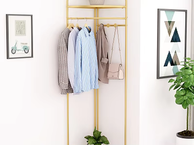 Modern Golden Clothes Rack With Hanging Shirts Coat And Handbag Plus Potted Plant In Home Interior 3d model