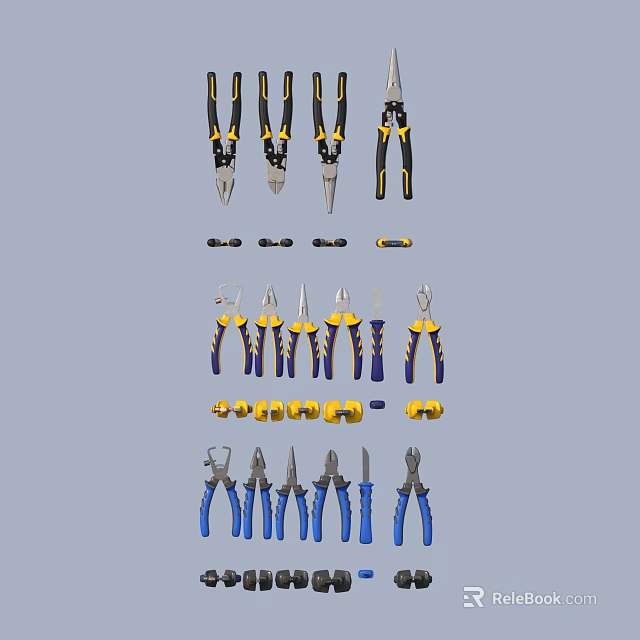 Professional Hardware Tools Set With Needle Nose Diagonal Pliers Yellow Blue Handles 3d model