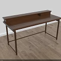 Modern Brown Wooden Desk with Upper Shelf Two Drawers and Metal Legs on Wooden Floor