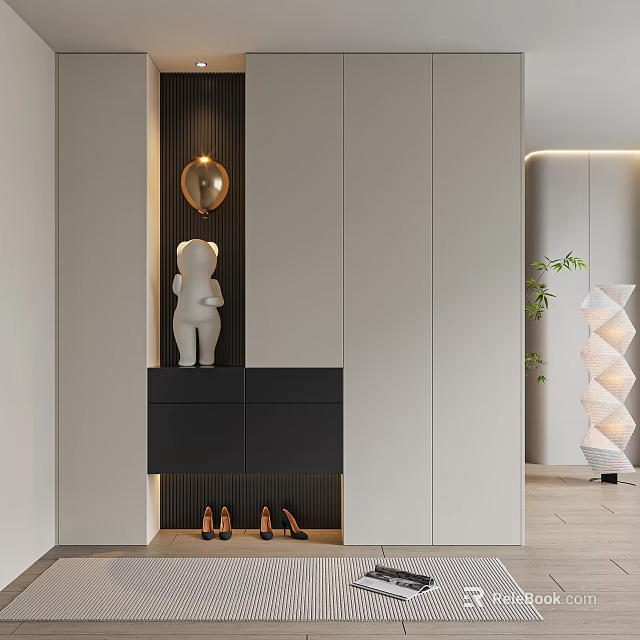 Modern White And Black Shoe Cabinet With Golden Sphere Light White Figurine And Brown Shoes 3d model 
