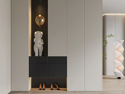 Modern White And Black Shoe Cabinet With Golden Sphere Light White Figurine And Brown Shoes 3d model