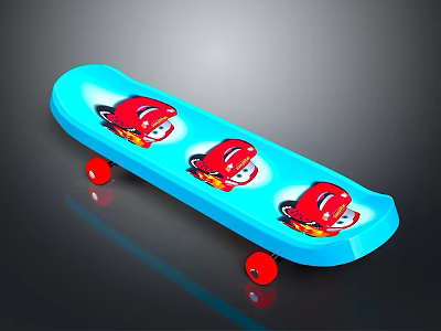 Blue Skateboard With Three Red Cartoon Car Patterns And Red Wheels 3d model