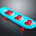 Blue Skateboard With Three Red Cartoon Car Patterns And Red Wheels
