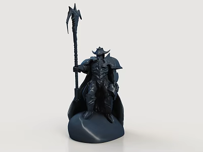 Dark Colored Warrior Sculpture With Detailed Armor Holding Spear And Cloak 3d model