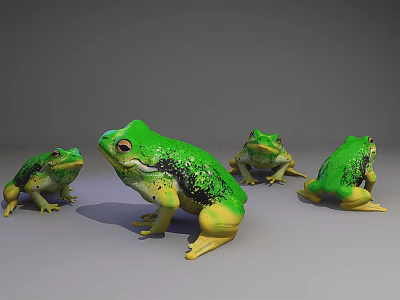 Three Green Reptiles With Yellow Bellies In Various Poses On Gray Surface 3d model