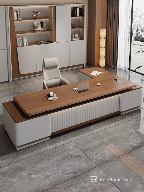 Modern Office Desk With Wooden Top White Frame Laptop And Tidy Workspace 3d model 