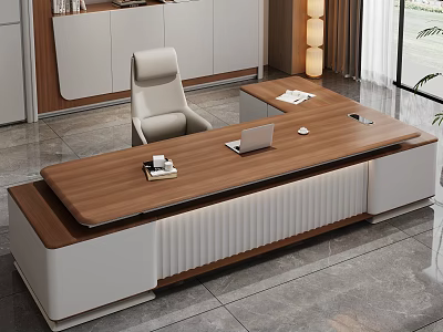 Modern Office Desk With Wooden Top White Frame Laptop And Tidy Workspace 3d model
