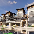 Modern Townhouse Exterior With Reflective Water Pool Balconies And Parked Cars